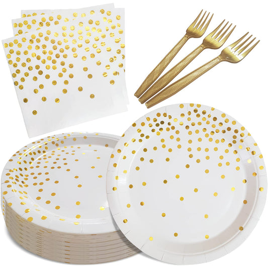 White and Gold Paper Plates Napkins and Forks Party Supplies 105 Pcs