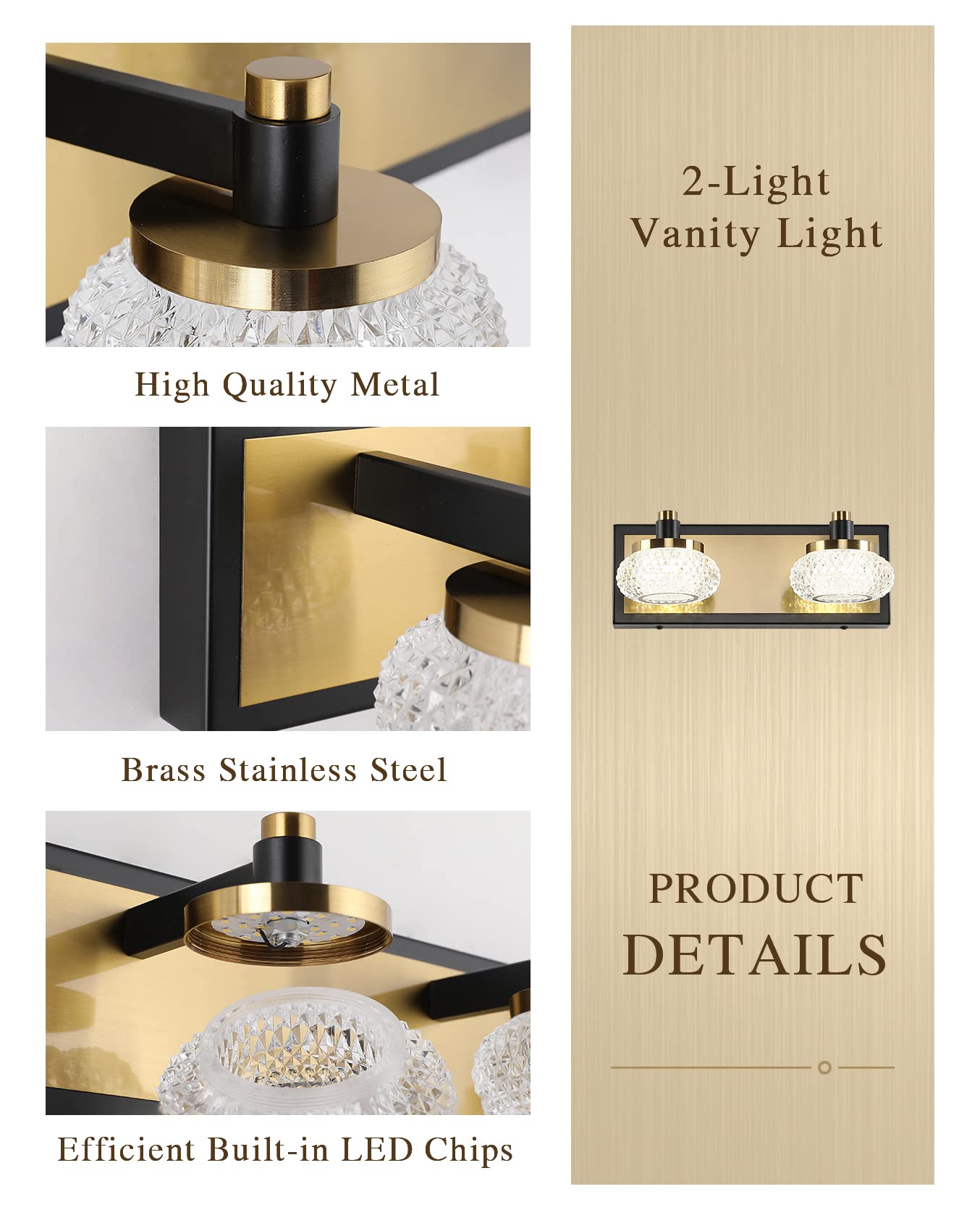 7Degobii 2-Light Bathroom Vanity Light Fixture Over Mirror Modern LED Acrylic Wall Lights for Bathroom 12" Inch Long Dimmable Black and Gold Color 4000K 10W 110V AC.