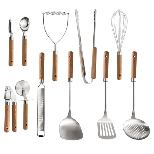 Carote Stainless Steel Cooking Utensils Set with Stay-Cool Wooden Handles, 11PCS