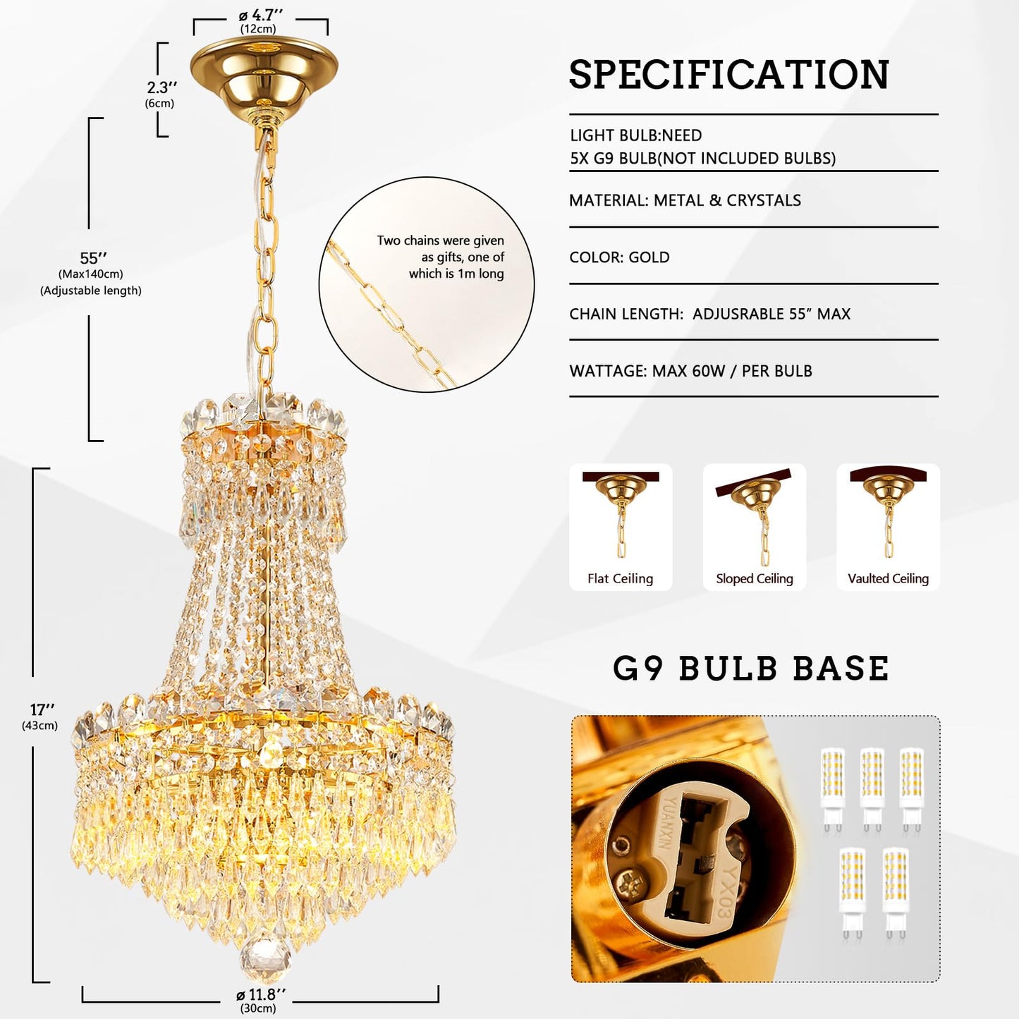 CEENWE 5 Light Gold Fish Crystal Chandelier,French Empire Style Chandeliers,Classic K9 Crystals Rain Drop Fixture for Living Room Foyer Entryway Hotel