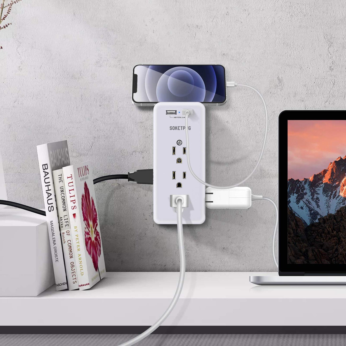 Surge Protector Outlet Extender, USB Wall Charger, SOKETPUG Multi Plug Outlet with 2 USB Charging Ports(Smart 2.4A Total), 9 AC Outlet Splitter Mountable, 3 Sided Plug Extender, Dorm Room Essentials