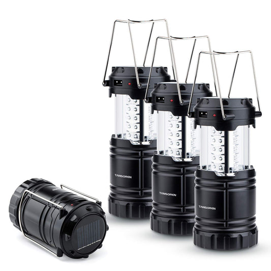 4 Pack Solar, USB Rechargeable or 3 AA Powered Camping Lantern Flashlight With Built-in Power Bank