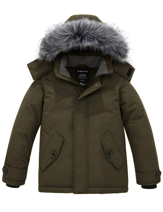 wantdo Boys' Hooded Puffer Jackets Water-Resistant Warm Fleece Winter Coat with Hood Army Green 6-7