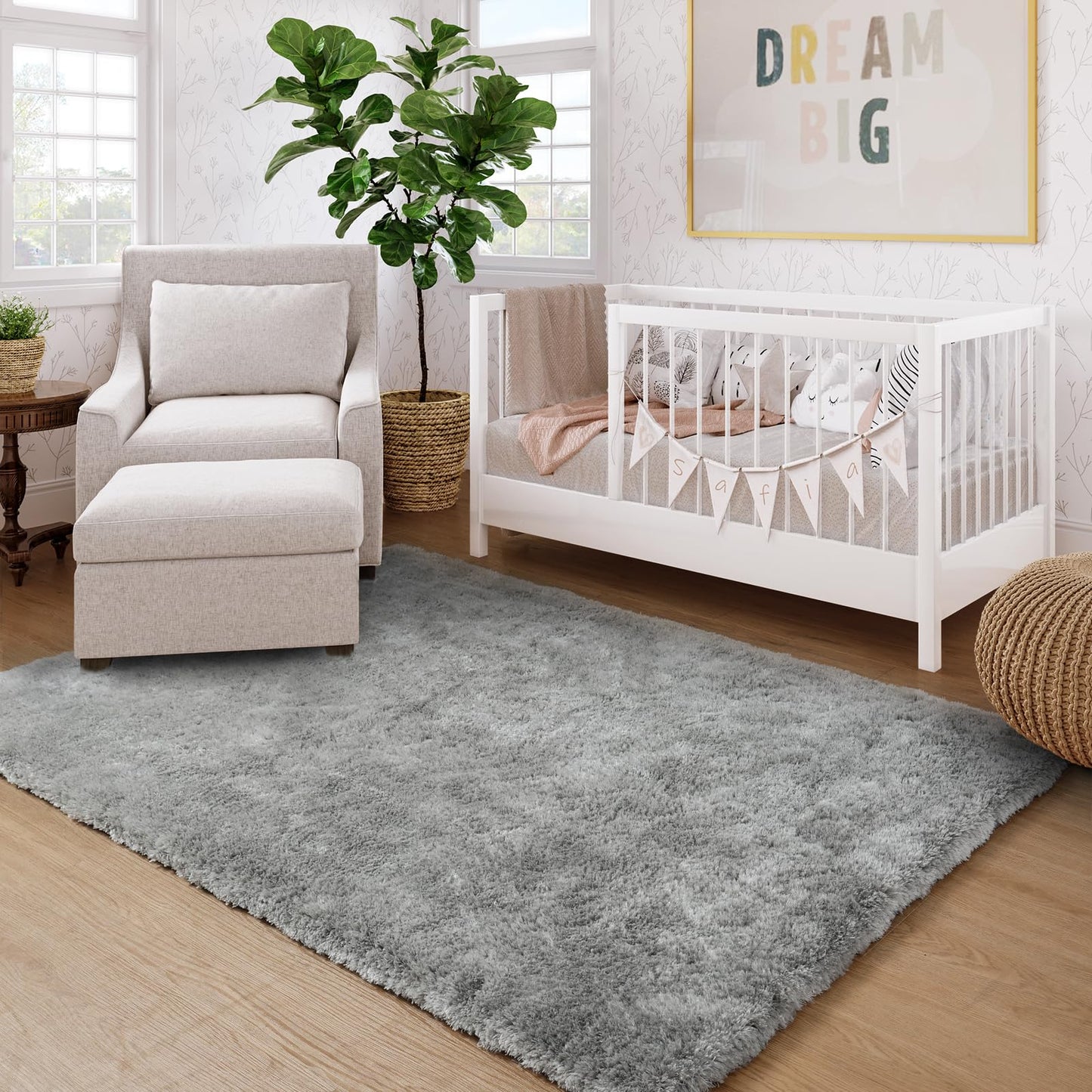 Lahome Fluffy Fuzzy Rug 5x7 Area Rugs for Living Room, Grey Faux Fur Rug for Kids Bedroom with Rubber Backing, Ultra Soft Non-Shedding Plush Shaggy Carpet for Dorm Home Office