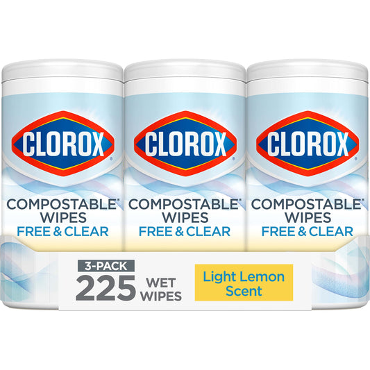 Clorox Free & Clear Compostable Cleaning Wipes, Light Lemon Scent, 75 Count, Pack of 3