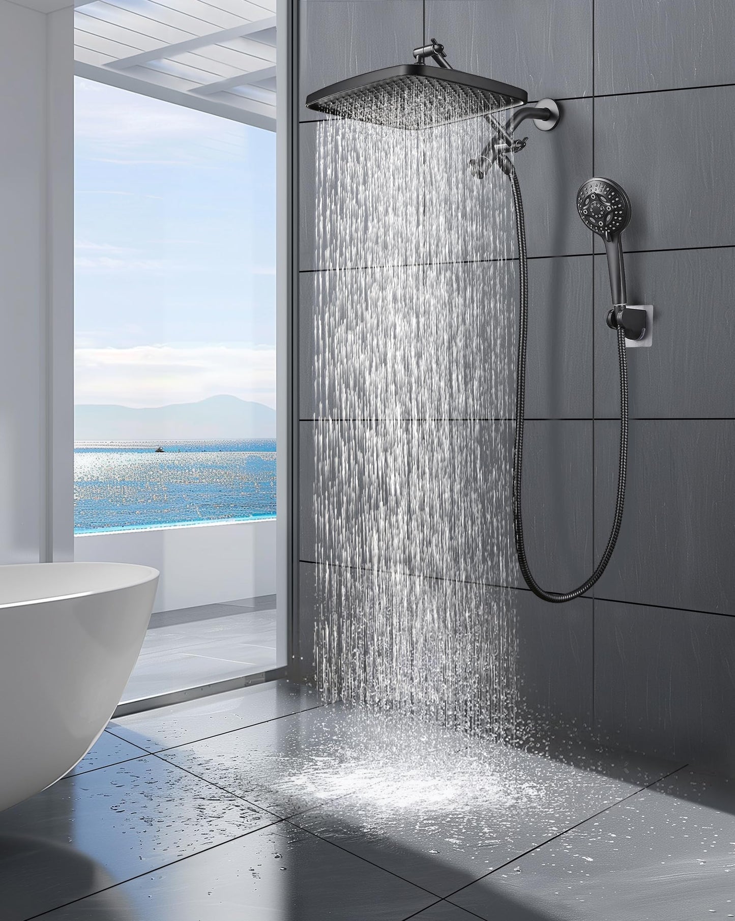 Cobbe 12'' High Pressure Rain Shower Head with Extension Arm - Dual Shower Heads with 8 Modes Handheld Spray Combo