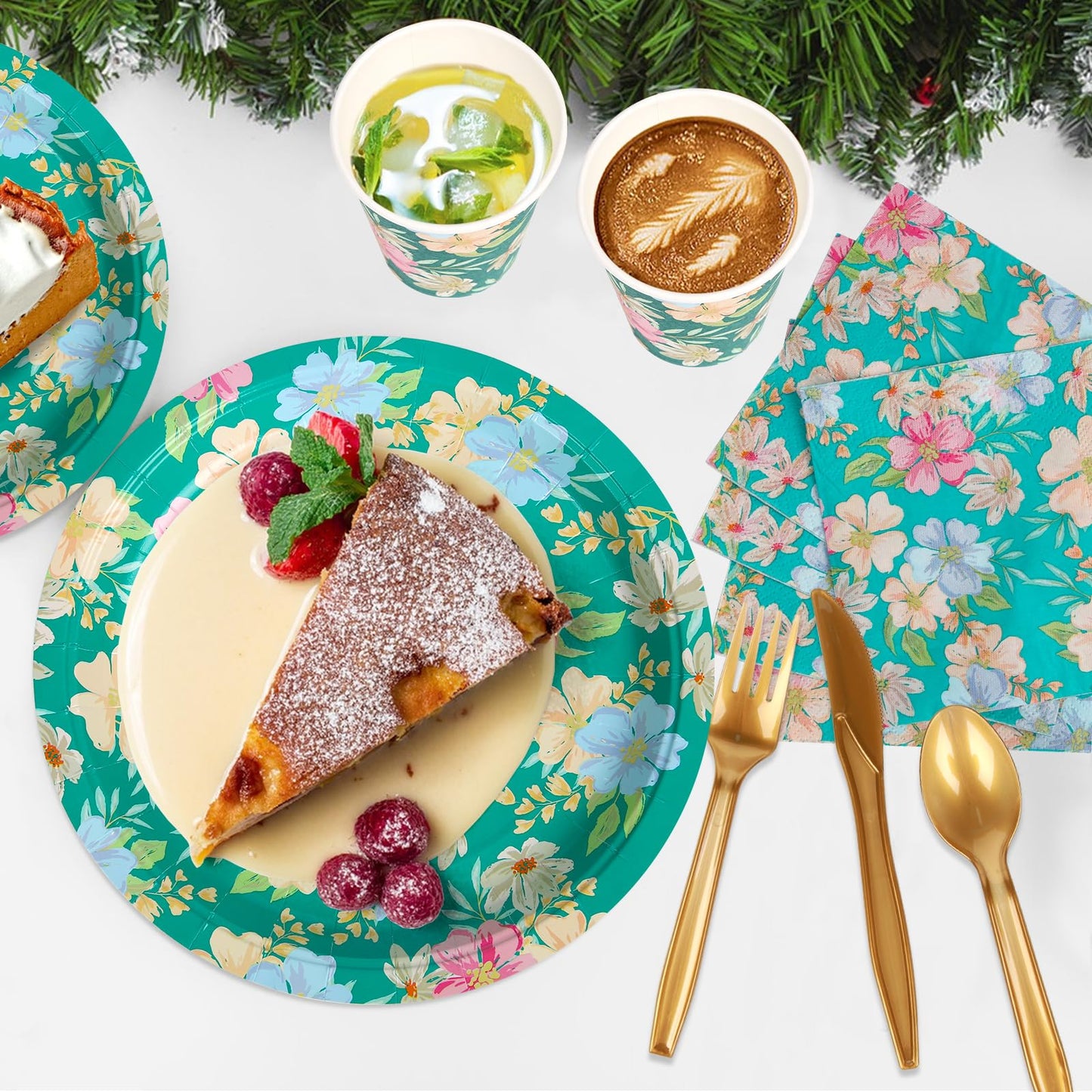 Uniecocus 175PCS Disposable Plates Set, Party Plates and Cups and Napkins Sets, Flower Paper Plates Set, Disposable Dinnerware Set for Party Wedding Birthday