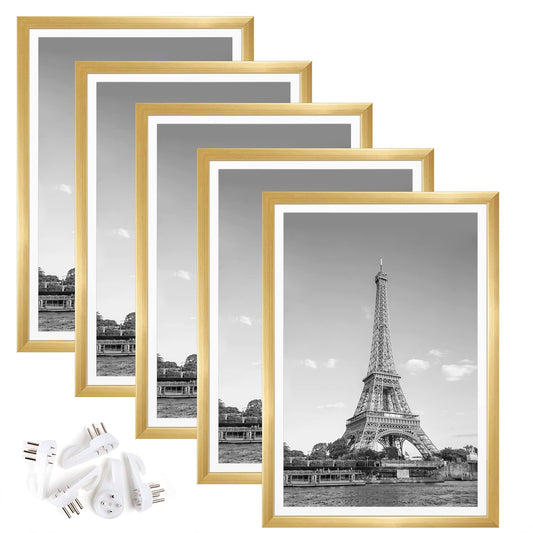 upsimples 13x19 Picture Frame Set of 5, Display Pictures 11x17 with Mat or 13x19 Without Mat, Wall Gallery Photo Frames, Gold
