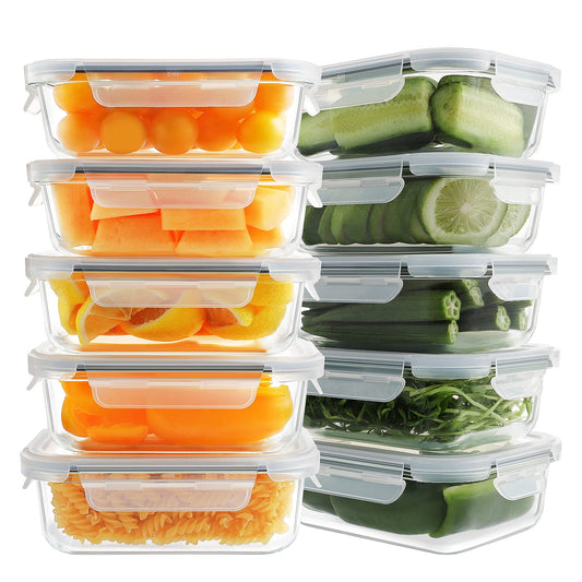 HOMBERKING 10 Pack Glass Meal Prep Containers, Food Storage Containers with Lids, Airtight Lunch Bento Boxes, BPA-Free & Leak Proof (10 lids & 10 Containers) - Grey