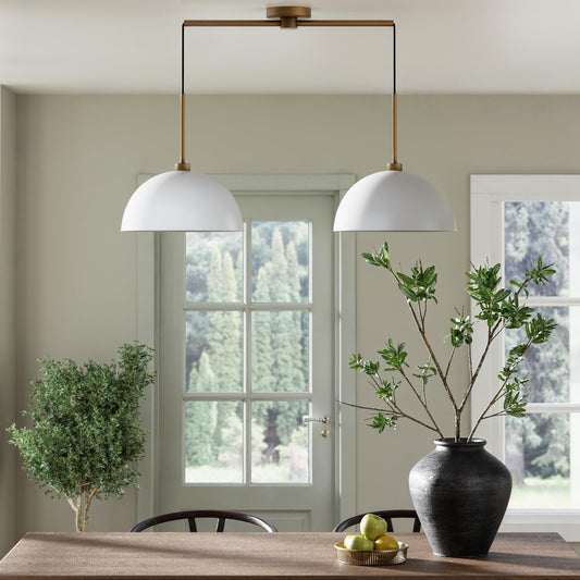 Nathan James Percy Modern 2-Light Pendant Island Light Fixture, Hanging Lights with Metal Shade and Adjustable Cord, for Kitchen, Living Room, White/Vintage Brass