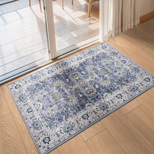 Boho Floral Area Rug – 2x3 Washable, Non-Slip, Blue