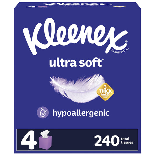 Kleenex Ultra Soft Facial Tissues, 4 Cube Boxes (240 Total Tissues)