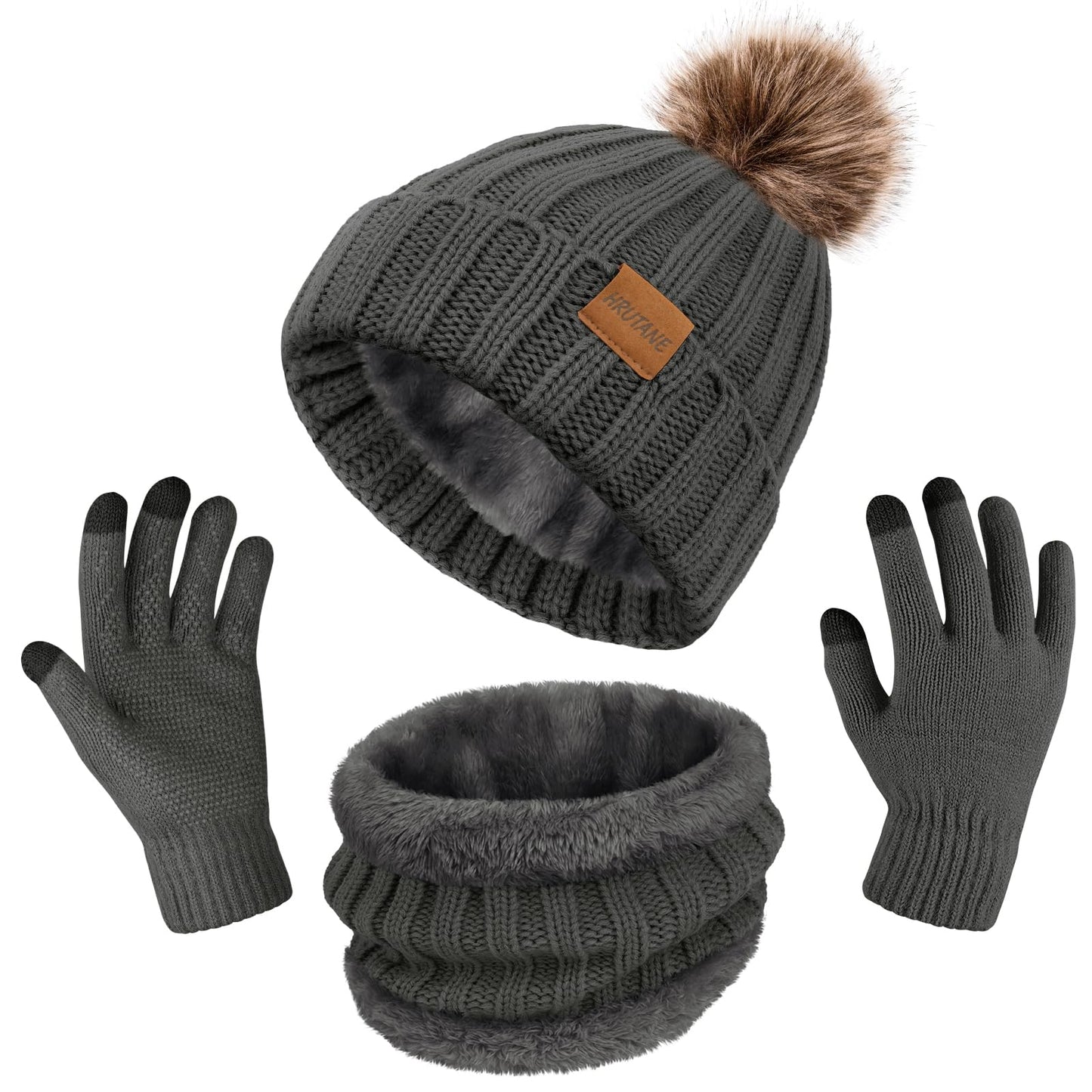 3 Pcs Winter Hat Scarf and Gloves Set for Women, Warm Knit Fleece Lined Beanies Neck Warmer Touchscreen Gloves