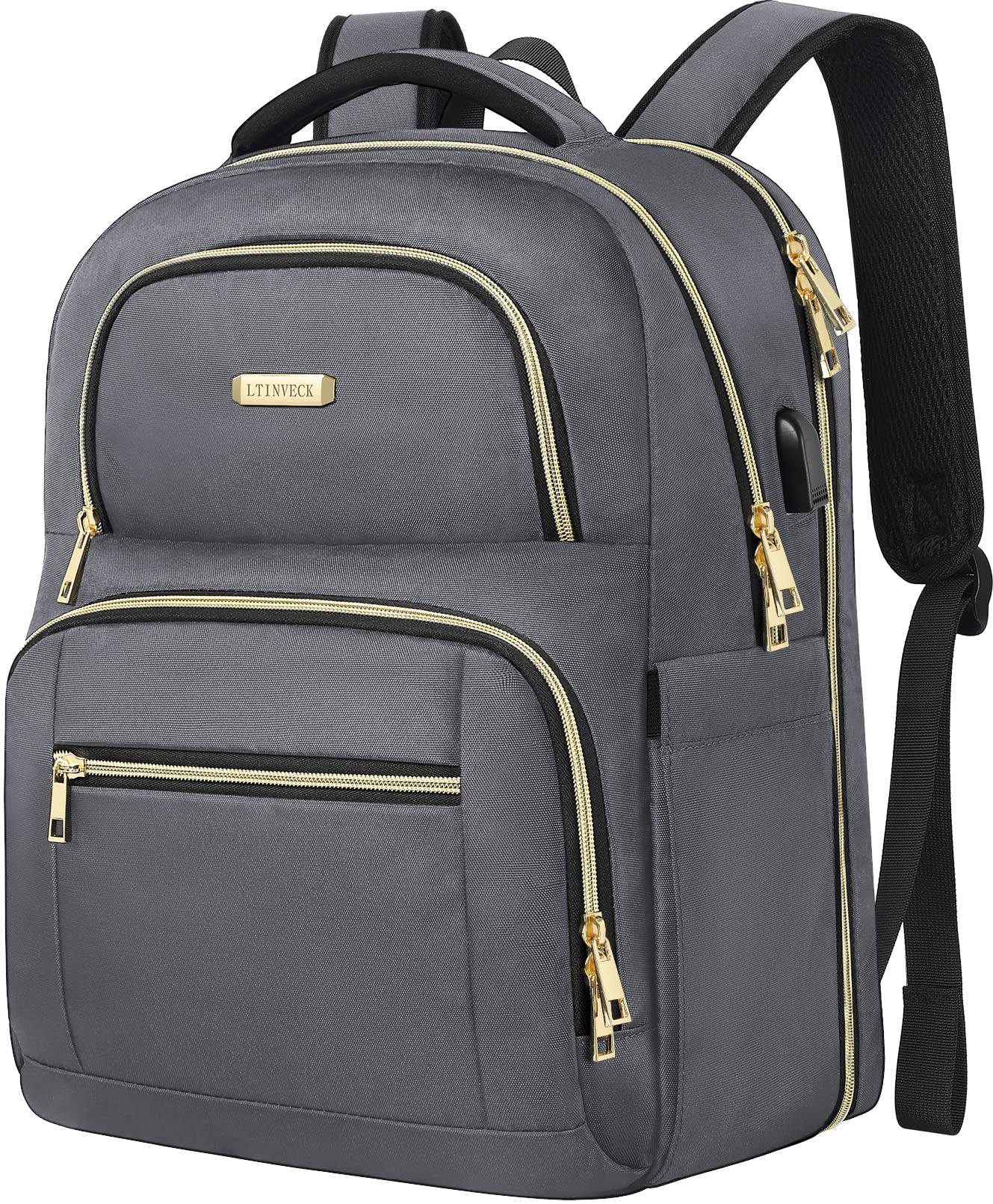 LTINVECK Travel Laptop Backpack for Women Men, Business Anti Theft TSA Friendly Laptops Backpack with USB Charging Port,Water Resistant Computer Bag Fits 15.6 Inch Laptops,Grey