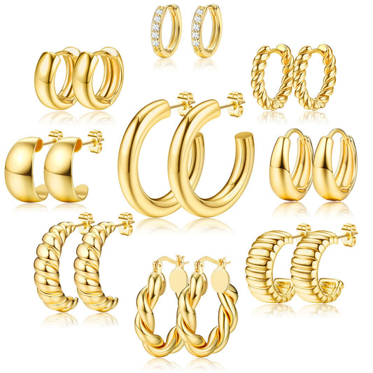 KRFY Gold Hoop Earrings Set for Women Gold Hoops Twisted Huggie Hoops Earrings 14K Plated for Girls Gift Lightweight 9 Pairs Jewelry for Women