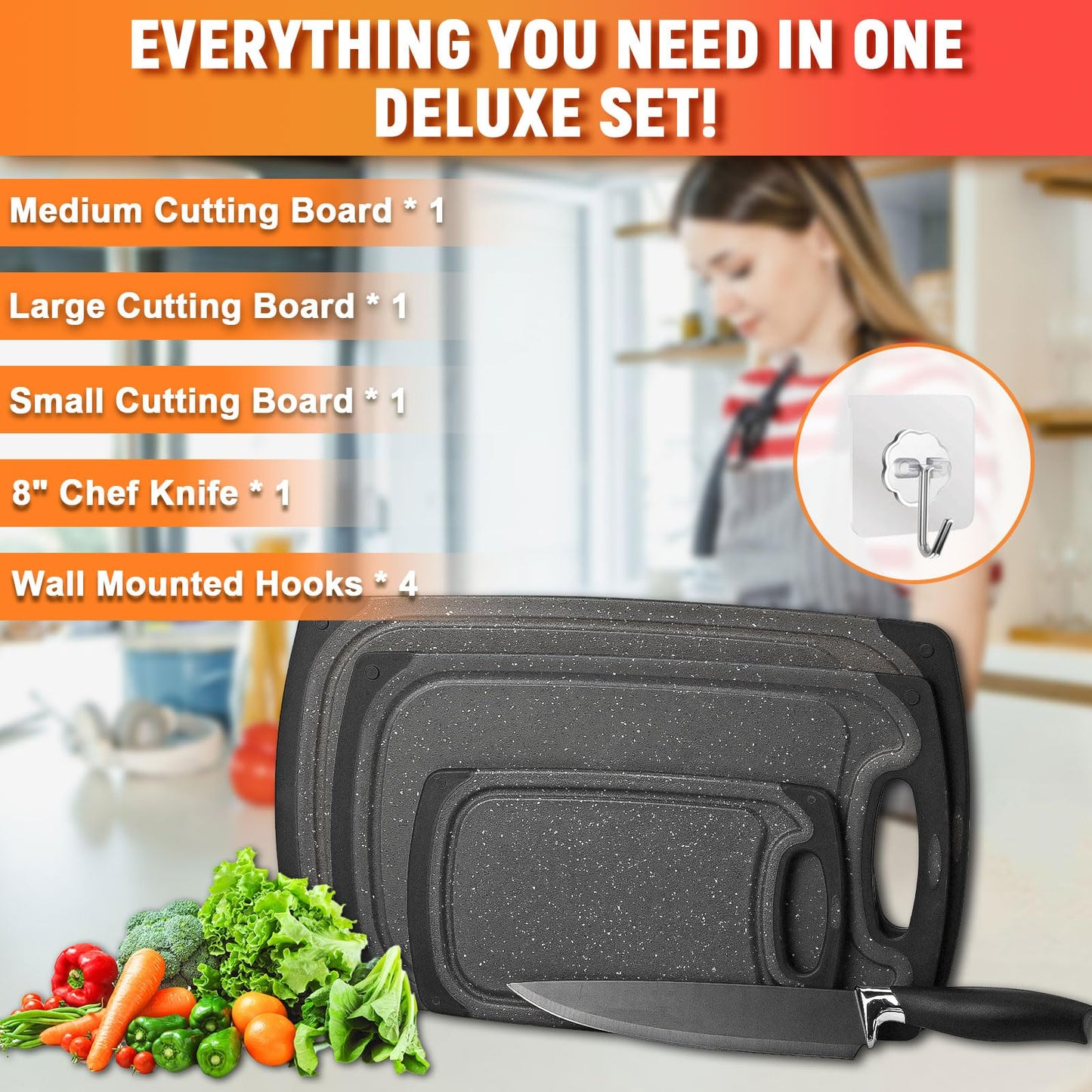 Funnydin Cutting Boards for Kitchen - 8 Set - Plastic Cutting Board Set with Chef Knife & 4 Hooks, Non-Slip Chopping Board Set, Kitchen Cutting Boards with Juice Groove, Grinding Area, Dishwasher Safe