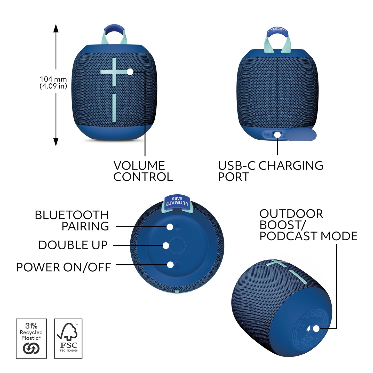 Ultimate Ears WONDERBOOM 4 Portable Waterproof Bluetooth Speaker with Big Bass and 360-Degree Sound, Dustproof Floating Speaker with 131ft (40m) Range - Blue