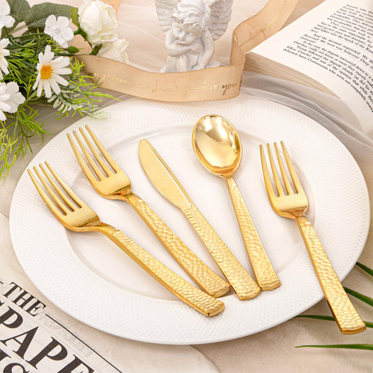 KIRE 400PCS Gold Plastic Silverware - 200 Gold Forks,100 Gold Knives,100 Gold Spoons