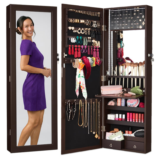 LED Mirror Jewelry Cabinet, Tall Lockable Wall or Door Mounted Jewelry Armoire Organizer