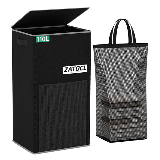 110L Laundry Hamper with Lid, Front Mesh & Washing Bag