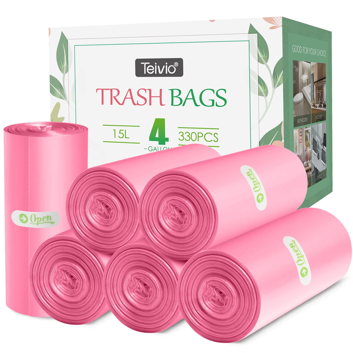 330 Counts Strong Trash Bags Small Plastic Bags (Pink, 4 Gallon)