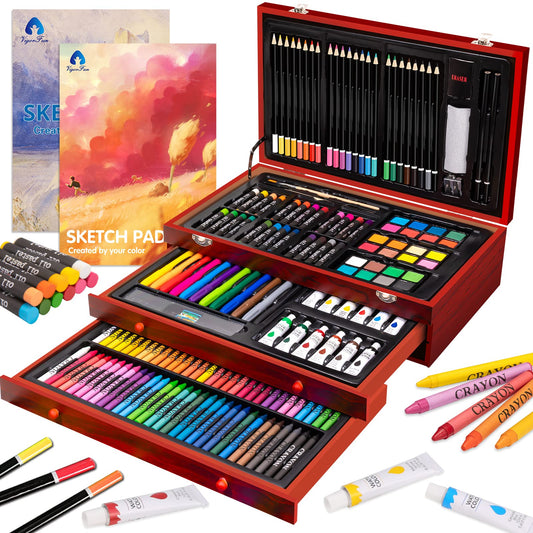 Art Supplies, 185-Piece Super Deluxe Wooden Art Set Crafts Drawing Kit with 2 Sketch Pads, Crayons, Oil Pastels, Colored Pencils, Watercolor Cakes, Creative Gift for Teens, Beginners Girls Boys