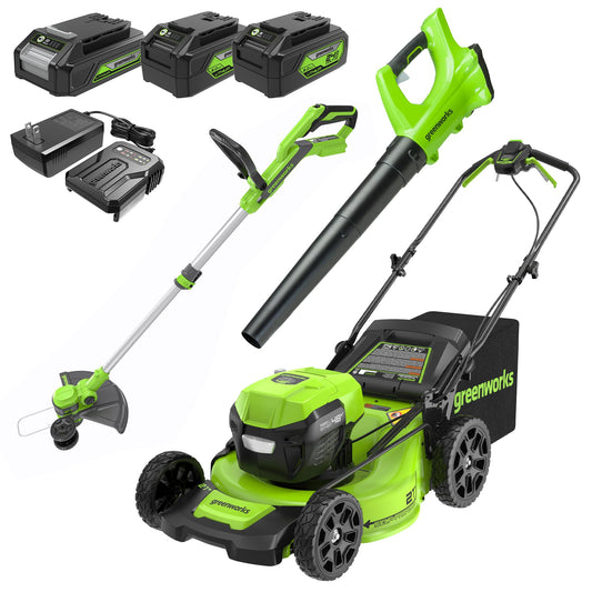 Greenworks 48V Self-Propelled Mower, String Trimmer & Edger, Blower Combo With Batteries