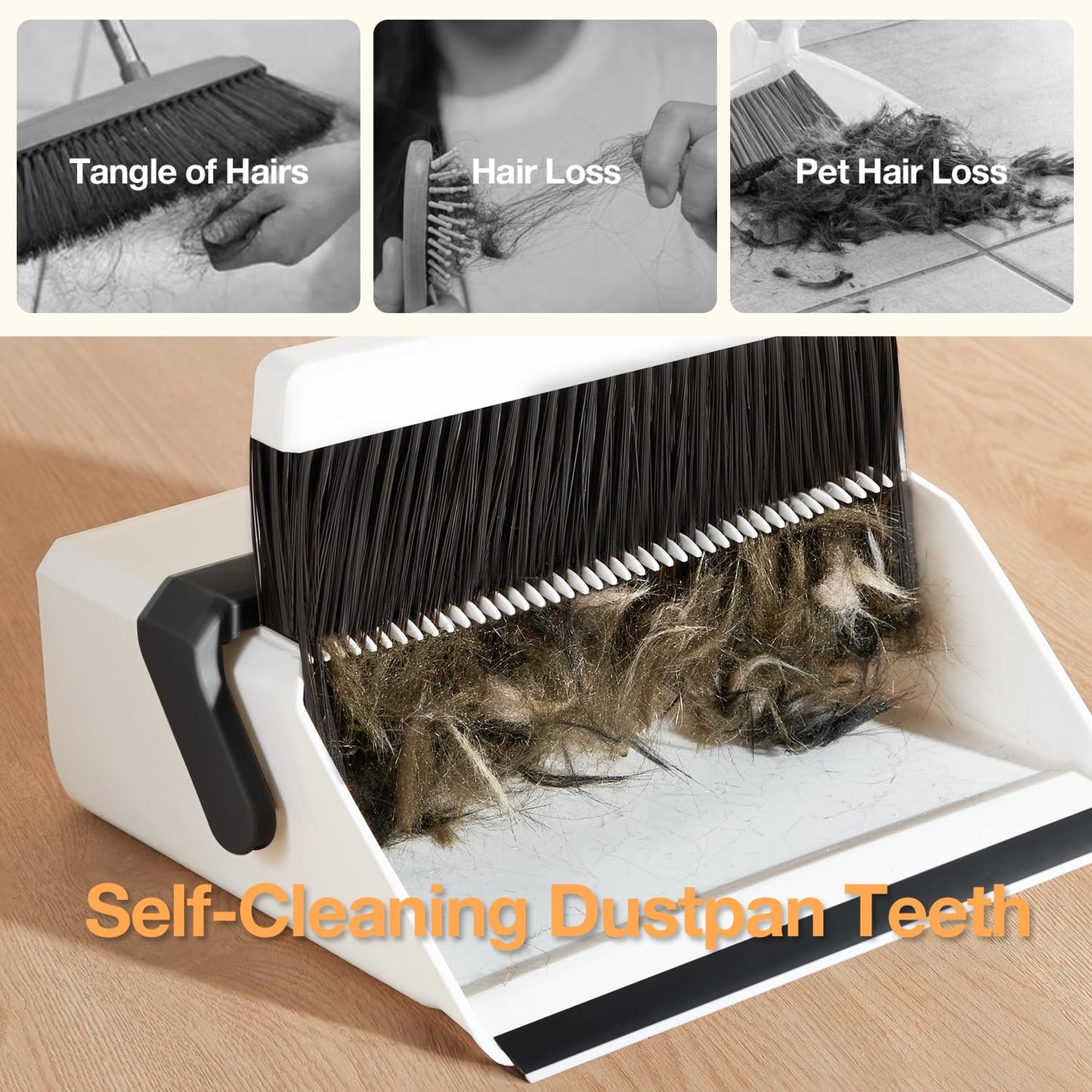 Broom with Dustpan Combo Set,UOEOS One-Sweep Clean,Pet Hair Removal Broom with Self-Cleaning Double-Layer Teeth,High Density Broom and Windproof Dustpan for Indoor&Outdoor,Standing Broom Holder Set