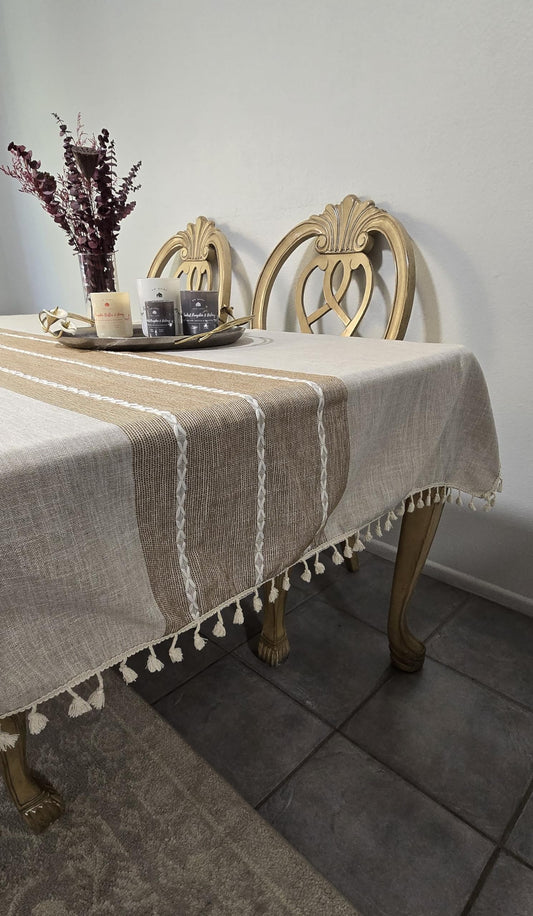Waterproof Tablecloth Tassel Cotton Linen Wrinkle Free Washable, Tablecloth for Kitchen Dinning Christmas, Rectangle 55”x120” Brown 10-12 Seats