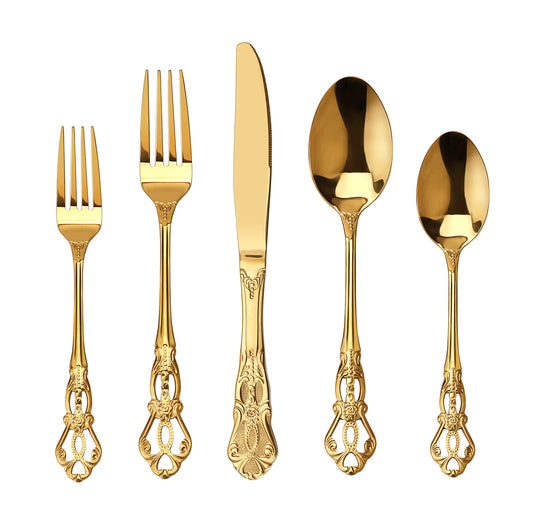 Runfly Gorgeous Retro Royal Gold Stainless Steel 20 Pieces Flatware Set