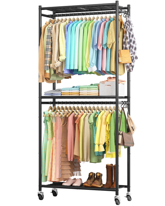 Heavy-Duty Clothes Rack with Shelves & Wheels, Multi-Functional Wardrobe Closet with Hooks, Sturdy Metal Garment Rack