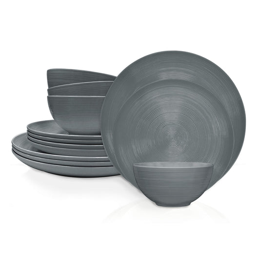Zak Designs Melamine Dinnerware Set, 12-Piece, Service for 4, American Conventional (Grey)