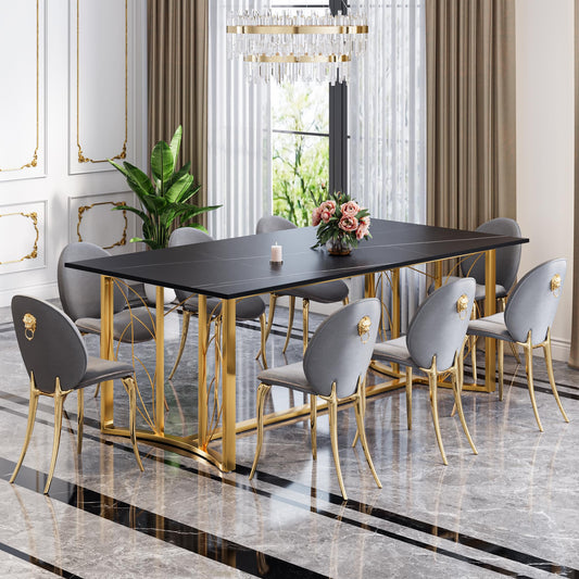 HERNEST 72" Black Dining Table for 6-8 People Marble Dining Room Table Rectangle Dining Table Gold Modern Kitchen Table