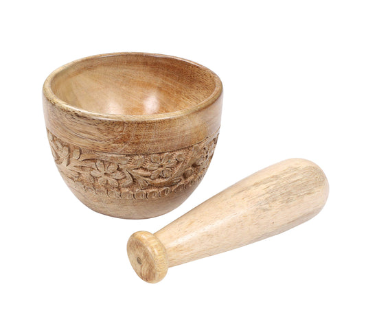 Hand-Carved Wooden Mortar & Pestle – Natural, 4 Inch