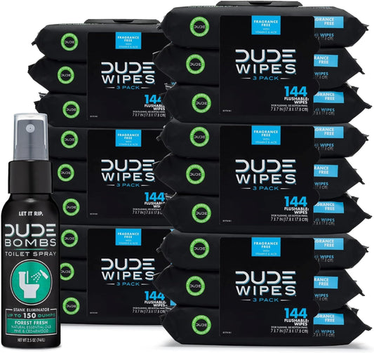 18 Pack DUDE Wipes with DUDE Bombs Toilet Spray