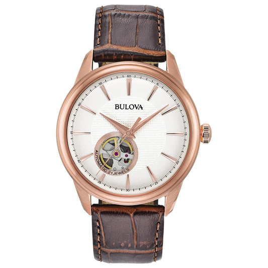 Bulova Men's Classic Automatic Rose Gold Stainless Steel Watch with Brown Leather Strap