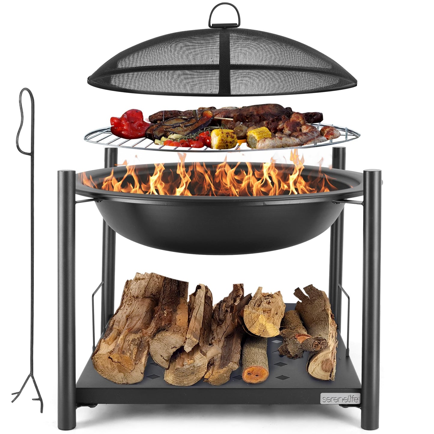 SereneLife 26" Outdoor Fire Pit with BBQ Grill, Mesh Screen, and Wood Storage