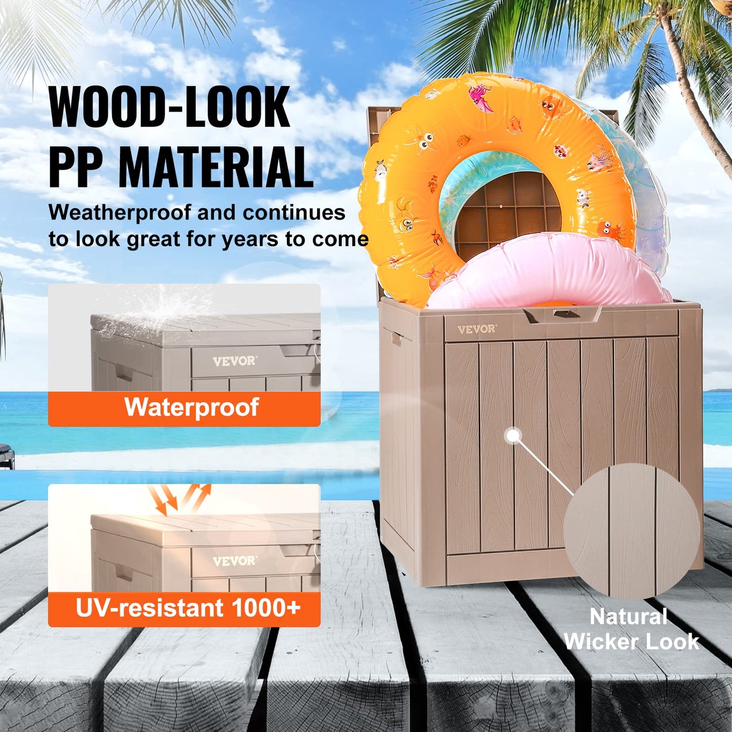 VEVOR Deck Box, 31 Gallon Outdoor Storage Box, 22.1" x 17.1" x 20.9", Waterproof PP Deckbox with Aluminum Alloy Padlock, for Patio Furniture, Pool Toys, Garden Tools, Outdoor Cushions, Gray