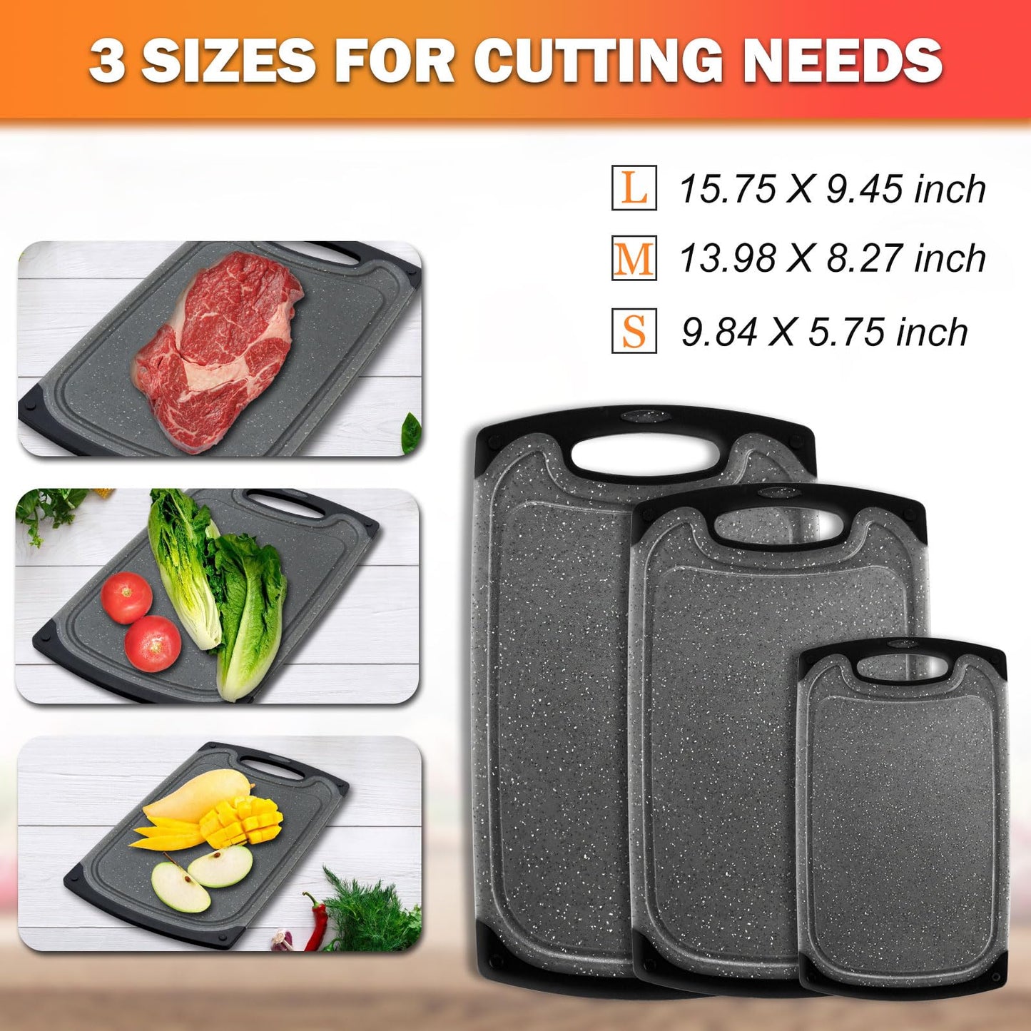Funnydin Cutting Boards for Kitchen - 8 Set - Plastic Cutting Board Set with Chef Knife & 4 Hooks, Non-Slip Chopping Board Set, Kitchen Cutting Boards with Juice Groove, Grinding Area, Dishwasher Safe