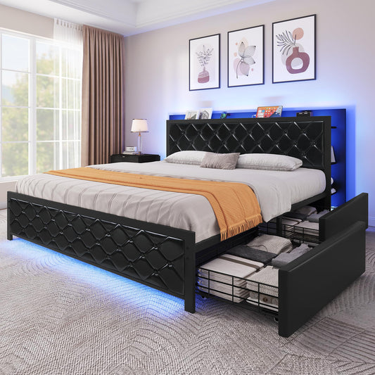 YITAHOME Queen Bed Frame with RGB Lights & Drawers