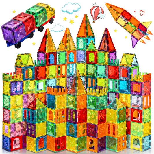 Meuzhen 120Pcs Magnetic Tiles with 2 Cars Toy Set, Diamond Magnet Tiles 3D Building Blocks, Toddler Montessori Toys for 3 4 5 6 Years, STEM Preschool Kids Sensory Educational Toys Gift for Boys Girls