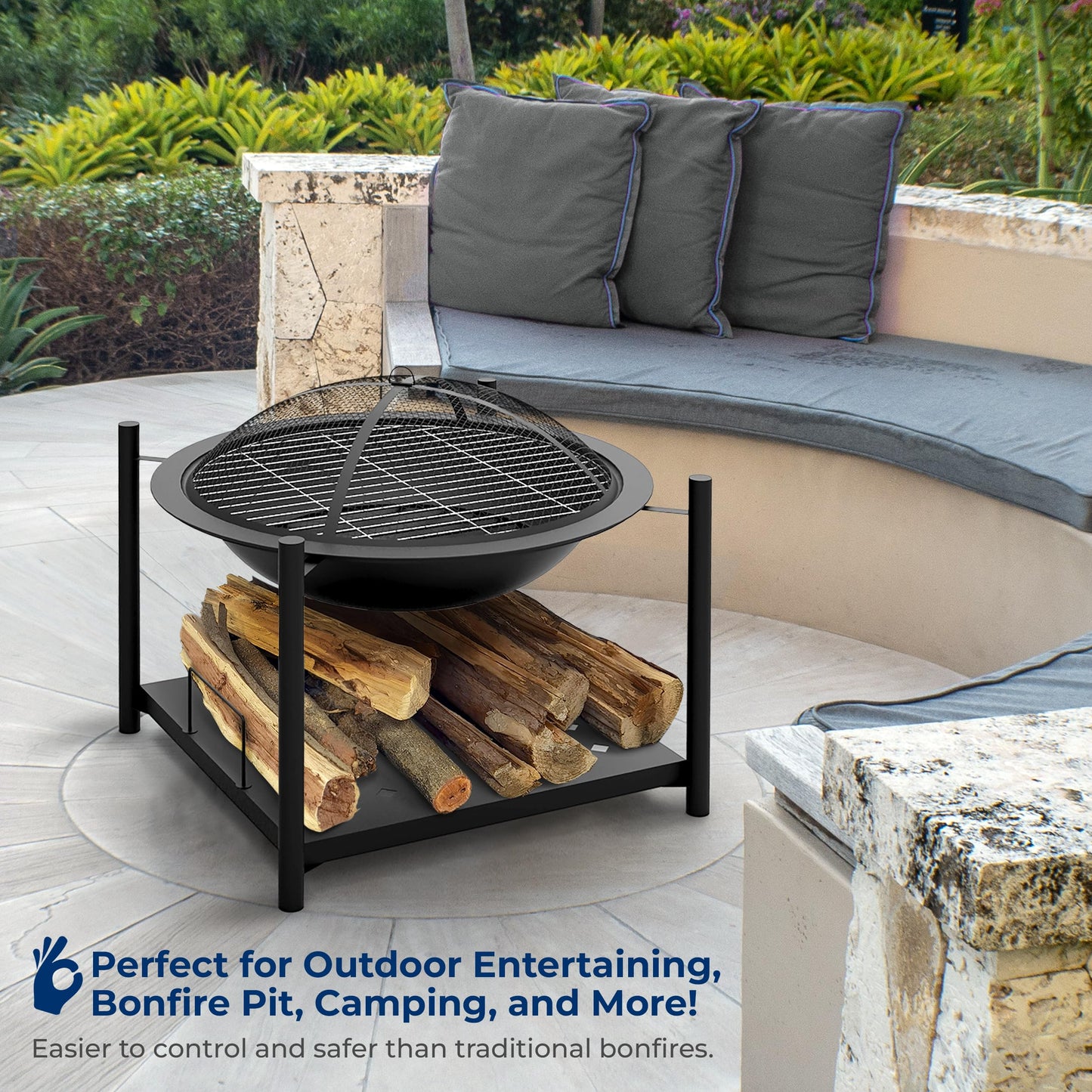 SereneLife 26" Outdoor Fire Pit with BBQ Grill, Mesh Screen, and Wood Storage