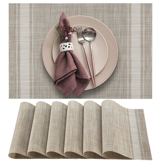 More Décor Dining Table Placemats, Washable Heat-Resistant PVC Vinyl Table Mats for Dining Room and Kitchen, Anti-Slip - Set of 4 - Vertical Striped White - Grey