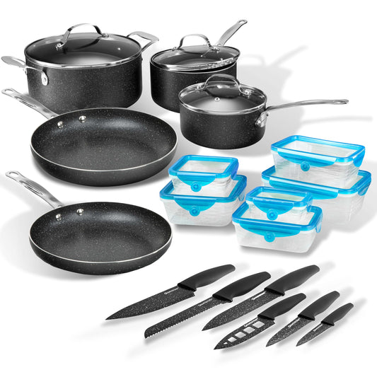 Granitestone 26 Pc Pots and Pan Set with Sharp Nutribade Knife Set & Storage Containers